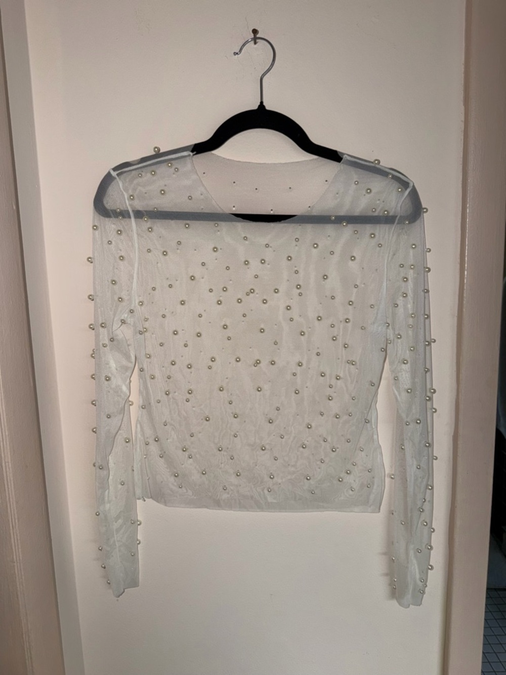 SHEIN White Sheer Long Sleeve Top with Pearl Studs